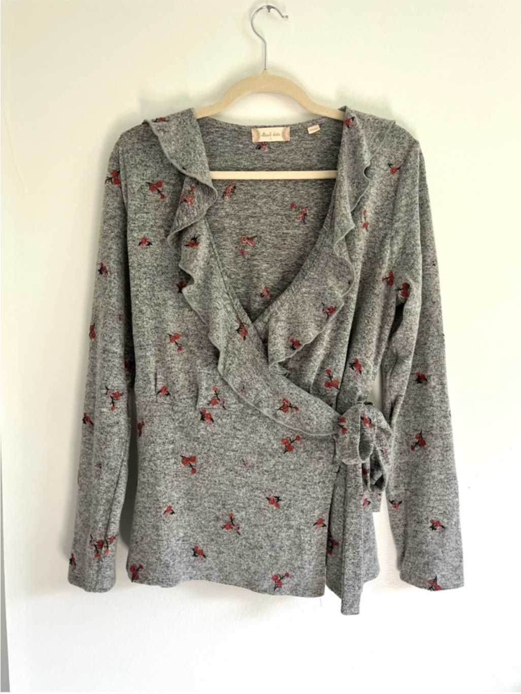 Altar'd State Grey Floral Embroidered Wrap Cardigan Sweater Cottagecore Feminine
